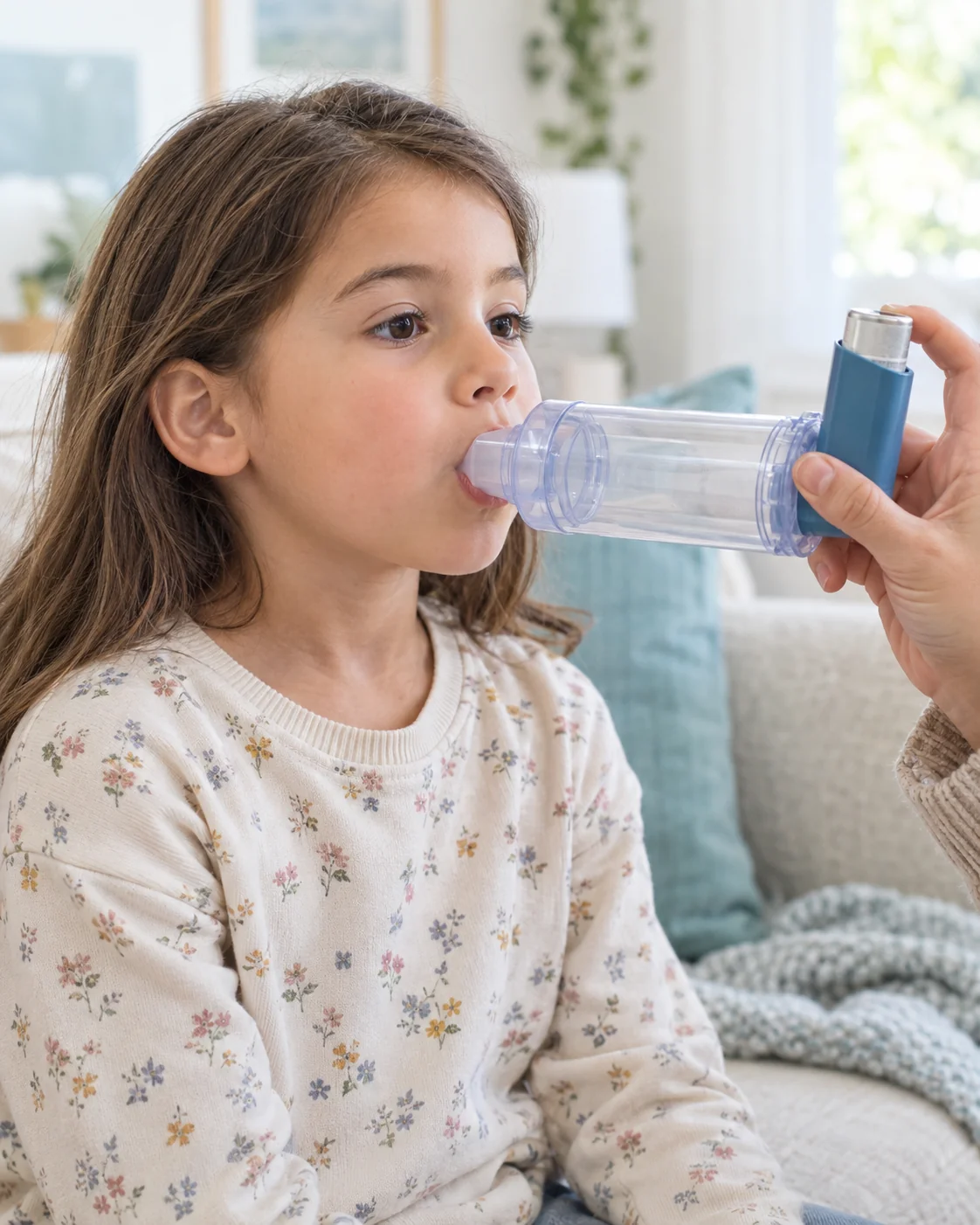 A child using an inhaler with a spacer.
