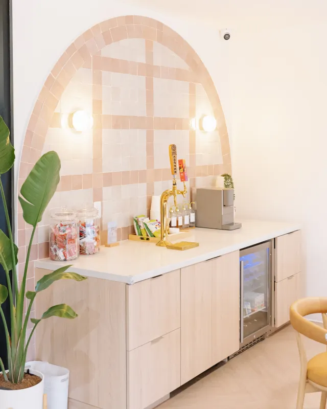 Coffee and refreshment counter at the Modena Health Solana Beach office.