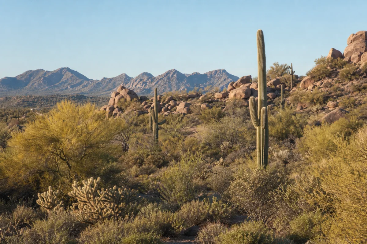 Sonoran Desert landscape with saguaros, granite foothills, and distant mountains in North Scottsdale.