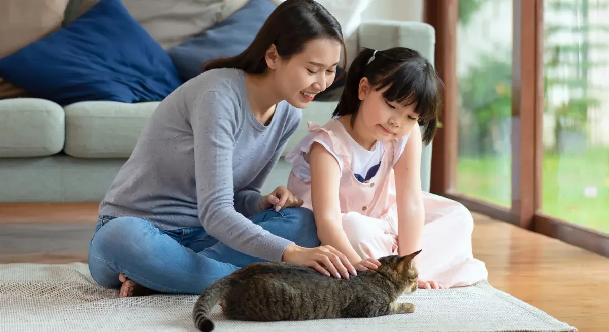 Mother and daughter spending time with a cat.