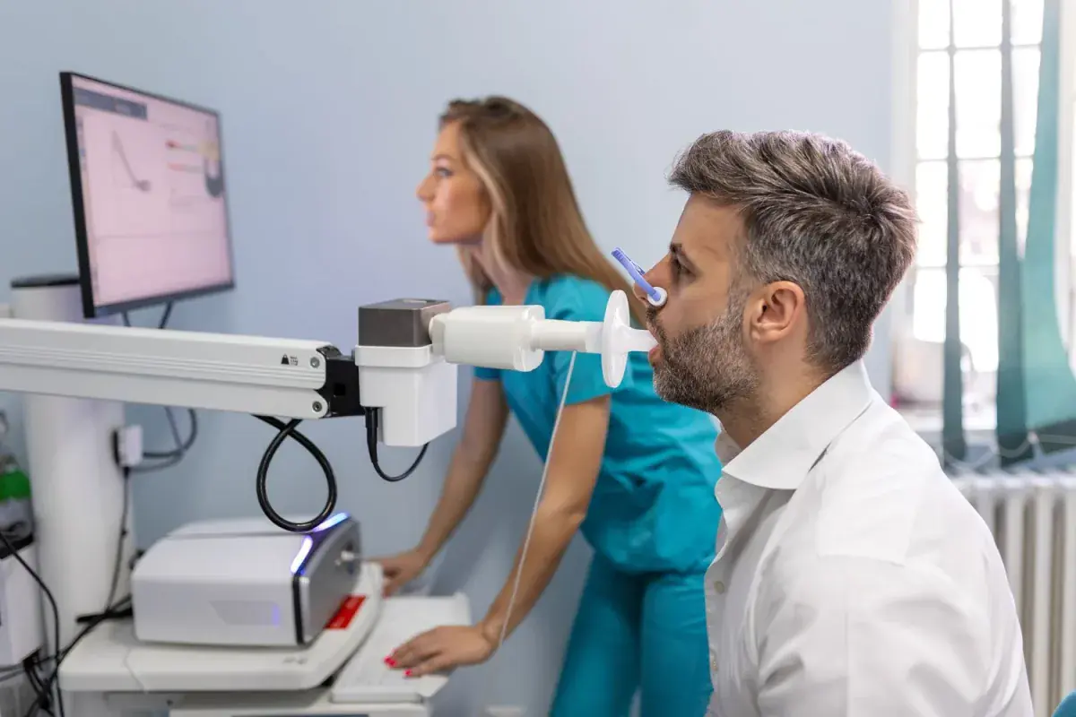 Patient undergoing respiratory test with medical equipment.
